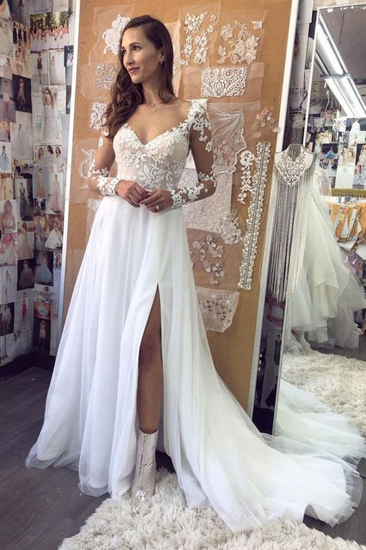 Elegant Long Sleeves White Lace Long Prom Dress, White Lace Wedding Dress    cg21283