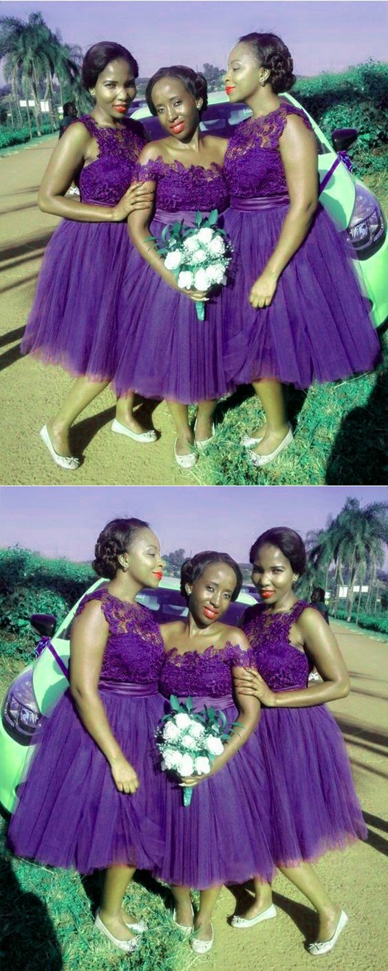 Vintage Purple Bridesmaid Dresses Tea Length Lace Appliques With Ruffles Skirt Homecoming Dress     cg21304