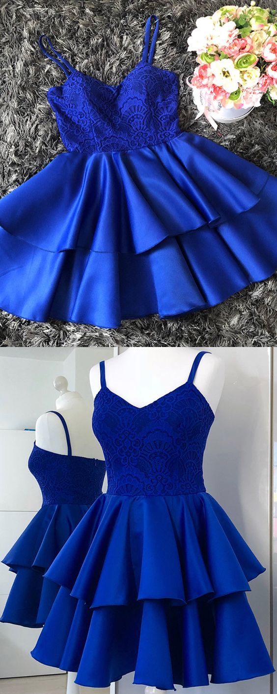 Spaghetti Straps Royal Blue Lace Bodice Homecoming Dress with Layered cg2132