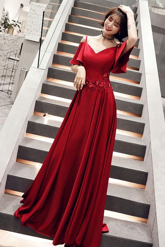 Simple burgundy v neck satin long prom dress, burgundy evening dress cg2144