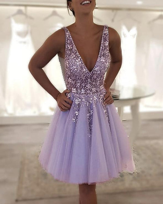 Beaded Homecoming Dresses Tulle V Neck    cg21452