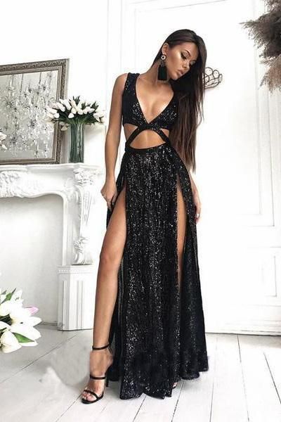 Charming Sexy Sequin Sparkly Simple Black Split Long Fashion Prom Dresses   cg21468