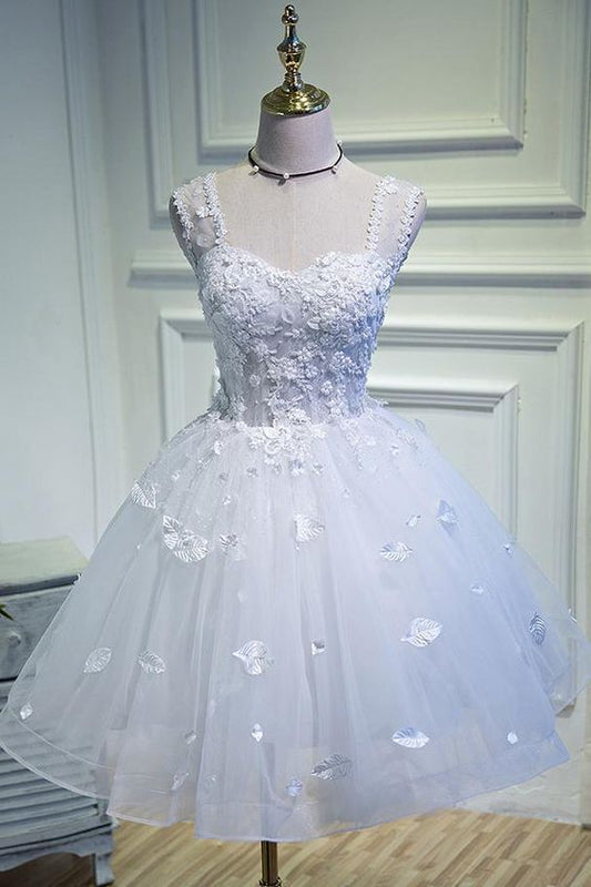 Simple Sweetheart White Lace up Beads Lace Appliques Tulle Straps Homecoming Dresses   cg21485