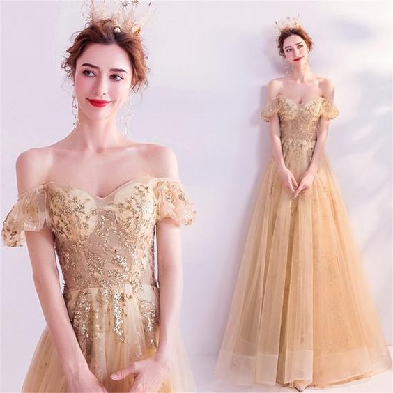 Gold Formal Dress Sexy Off Shoulder Bridal Dress Glitter Prom Dress   cg21493