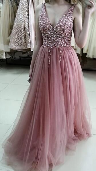 Gorgeous V Neck Beaded Blush Pink Long Evening Dresses Prom Dresses cg2159