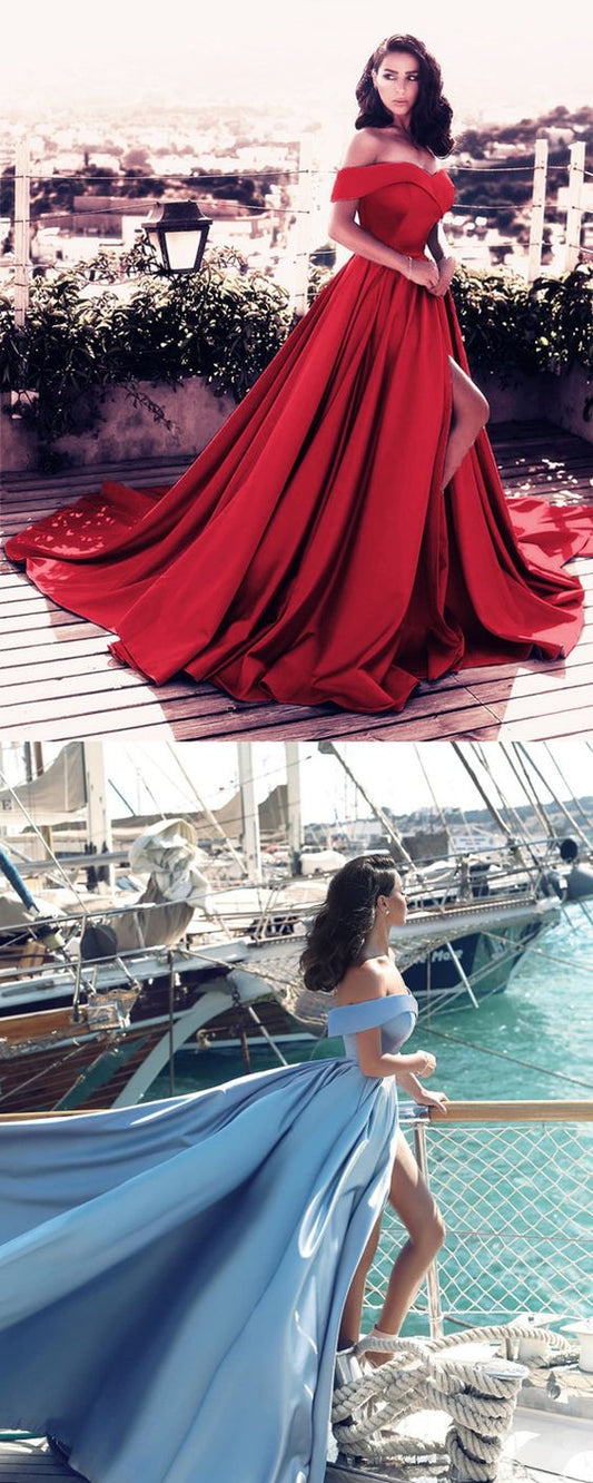 Sexy V-neck Off Shoulder Prom Dresses Long Red Satin Evening Gowns    cg21603