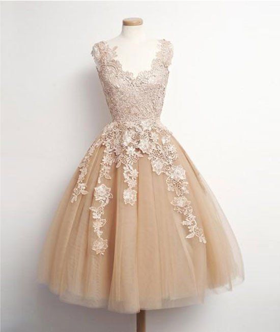 A-Line Sleeveless Champagne Short Homecoming Dresses,Appliqued Tulle Homecoming Dresses cg2165