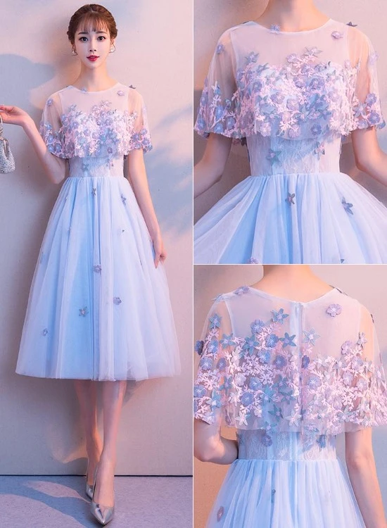 Light Blue Flowers Tulle Short Homecoming Dress    cg21724