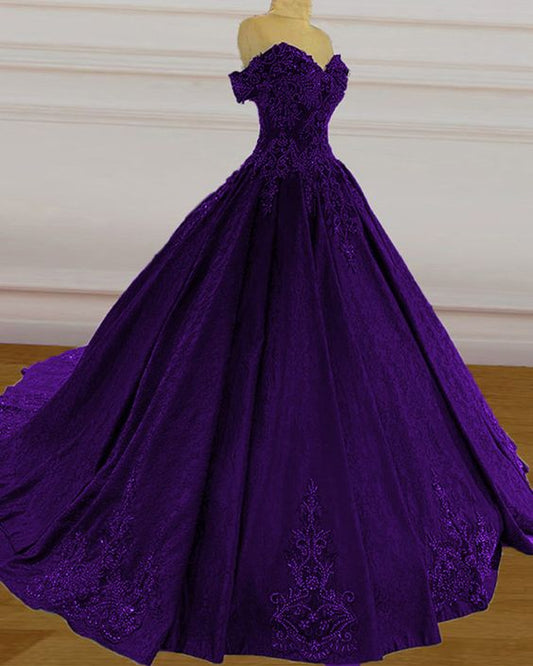 Purple wedding dresses lace ball gown prom dress off the shoulder for women    cg21852