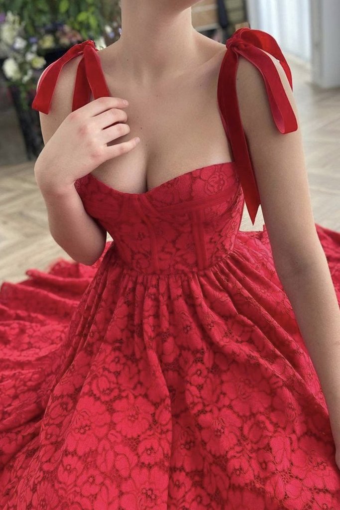 Sweetheart Neck Tea Length Red Lace Prom Dress   cg21980