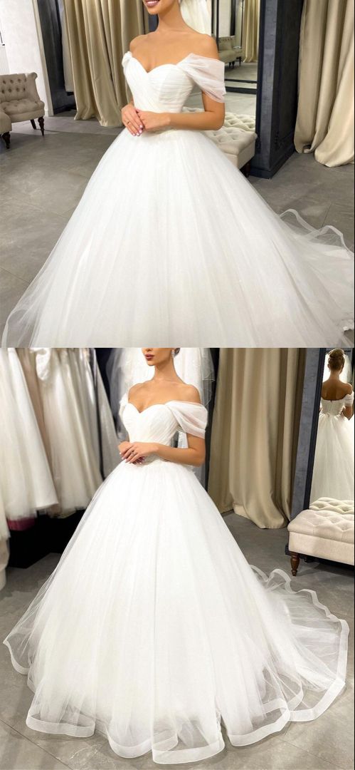 Simple princess wedding dresses tulle off the shoulder ball gown prom dress for women   cg22014