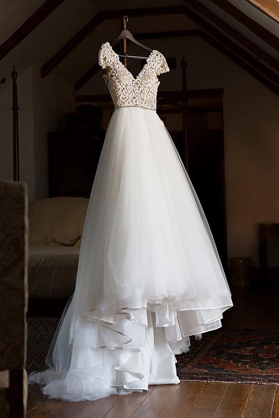 Cap Sleeve Appliques Lace Tulle Wedding Dress, Formal Bridal Gowns prom dress     cg22065