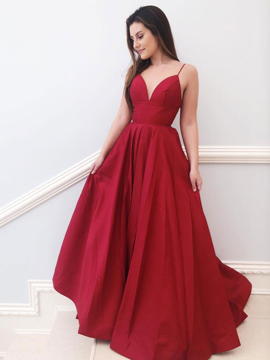 Red v neck satin A-line long prom dress red bridesmaid dress    cg22098