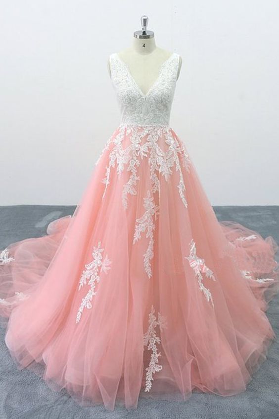 Peach Pink Tulle Cathedral Train Lace Wedding Dress, Formal Halter Prom Dress cg2222