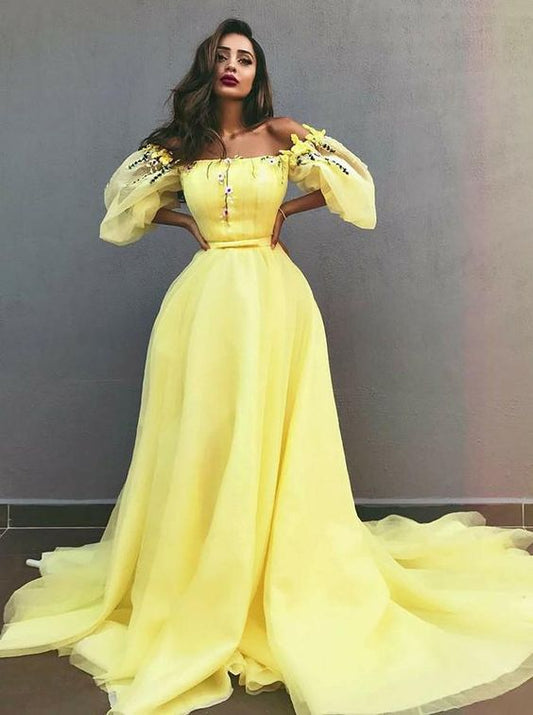 Charming Yellow Off Shoulder Chiffon A-Line Applique Prom Dresses cg2224