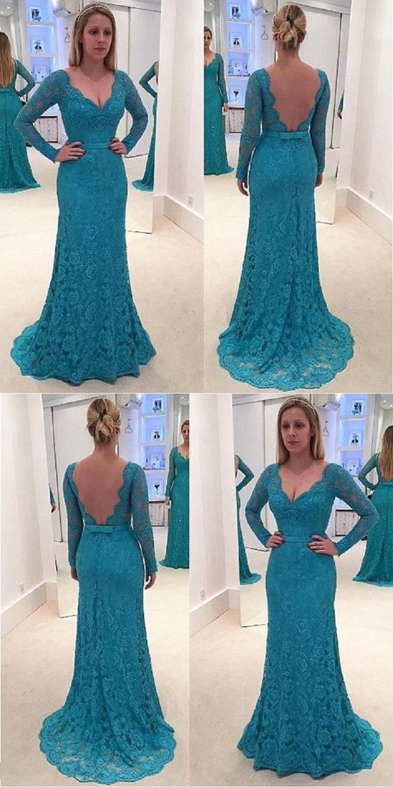 Newest V-neck Long Sleeves Full Lace Backless Prom Dresses cg2228