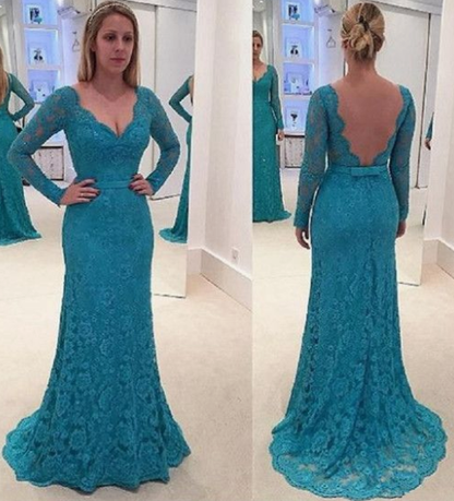 Newest V-neck Long Sleeves Full Lace Backless Prom Dresses cg2228