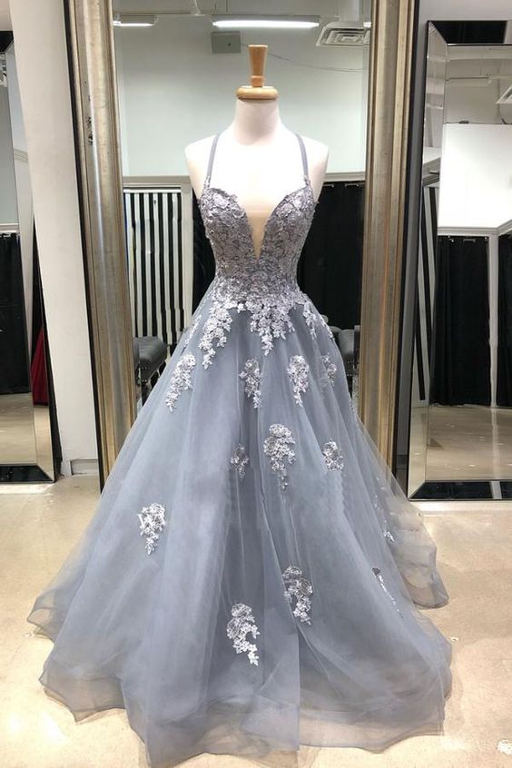 Gray tulle lace long prom dress, gray lace tulle evening dress cg2229