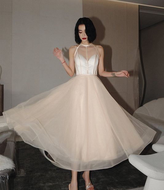 CUTE TULLE SEE THROUGH SHORT PROM DRESS CHAMPAGNE EVENING DRESS   cg22313