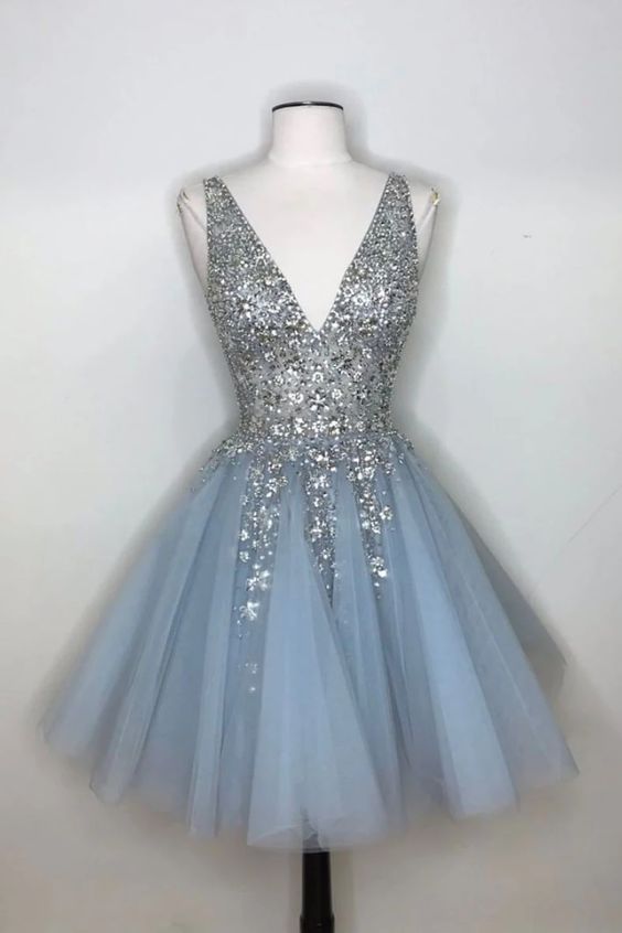 Blue v neck tulle sequin short dress, blue homecoming dress cg2232
