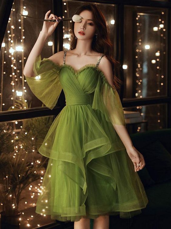 Green Tulle Short Layers Straps Short Party Dress, Cute Short Green Homecoming Dress   cg22336