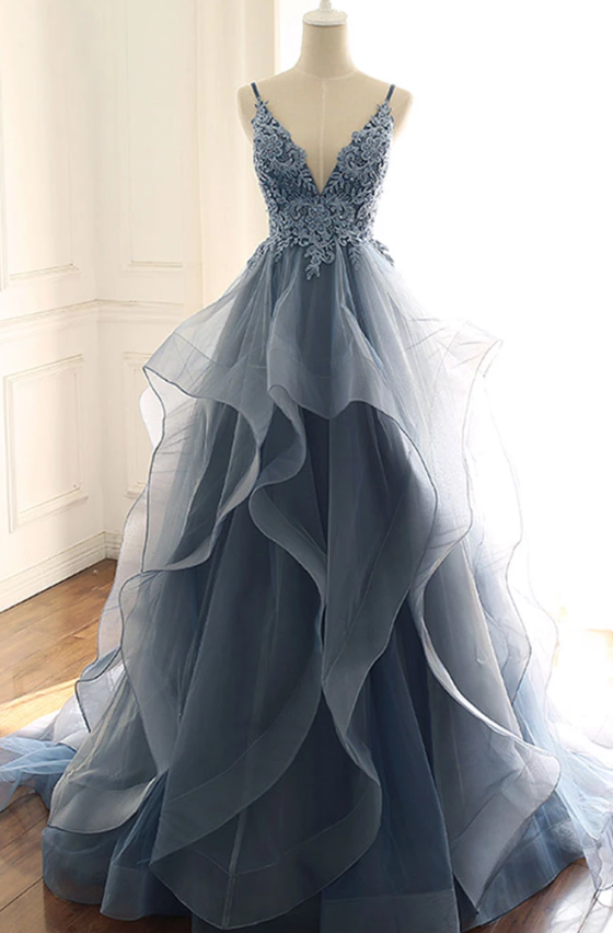 Blue v neck lace tulle long prom dress, evening dress cg2240