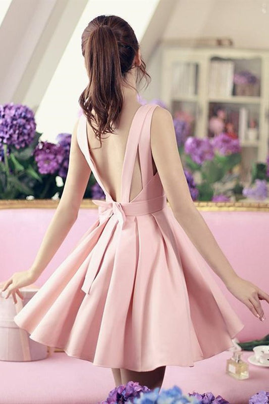 Cute V Neck Open Back Pink Satin Short Homecoming Dress, V Neck Pink Formal Graduation Evening Dress   cg22584