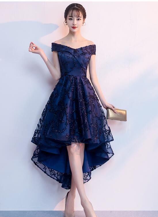 Navy Blue Lace High Low Chic Homecoming Dress, Beautiful Party Dresses   cg22627