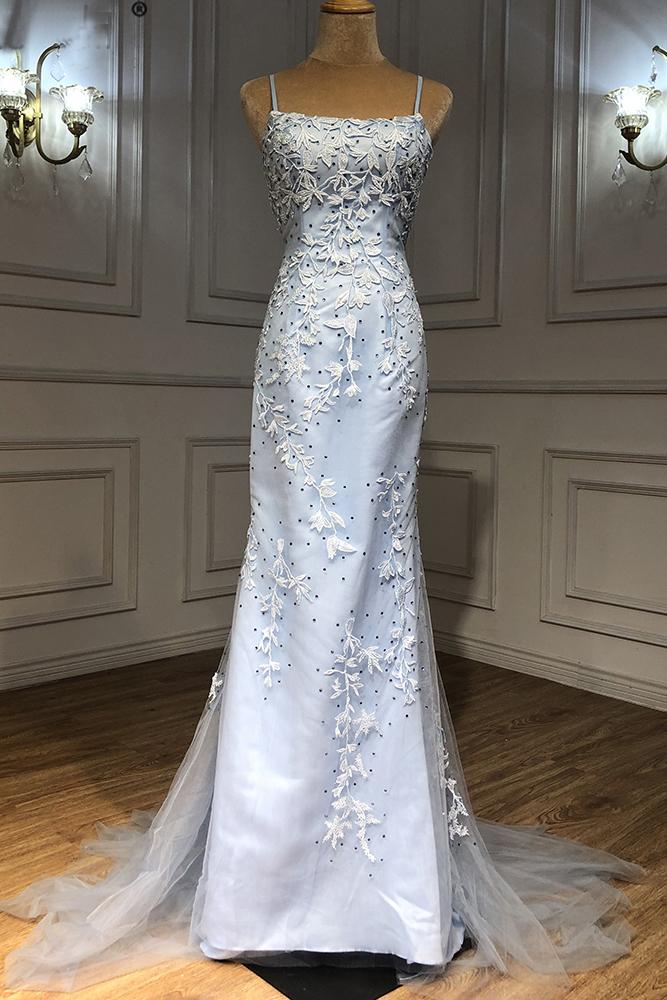 Light Blue Tulle Lace Appliques Long Mermaid Prom Dress, Open Back Party Dress     cg22659