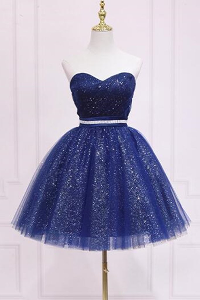 Homecoming Dress with Belt, Sparkly Blue Formal Evening Dress        cg22685