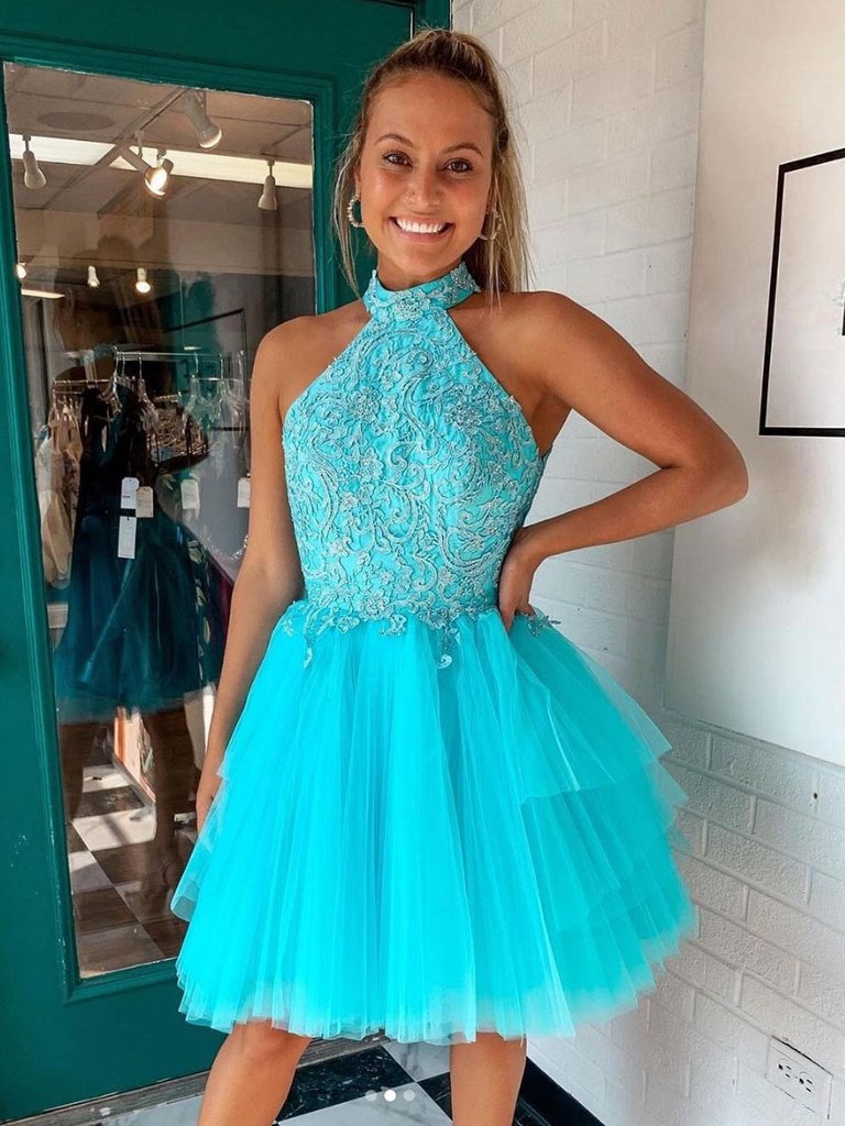 BLUE HIGH NECK TULLE LACE SHORT DRESS BLUE HOMECOMING DRESS    cg22763