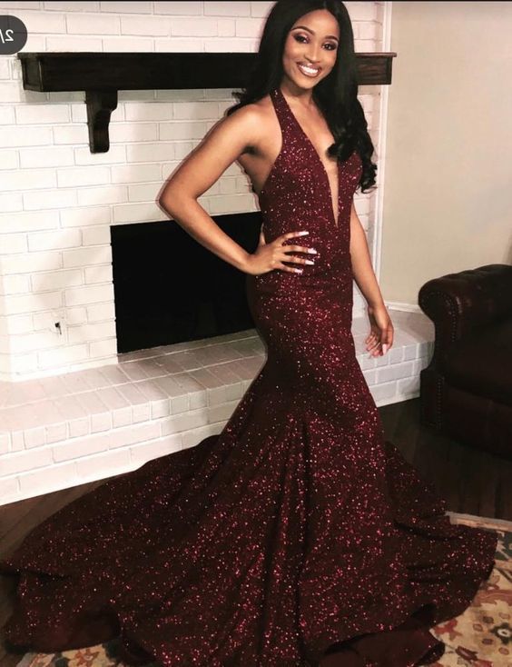 Sexy Deep V Neck Shiny Burgundy Backless Sequence Prom Dresses           cg22766