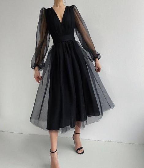 Unique Black Tulle Long Sleeves Prom Dress        cg22791
