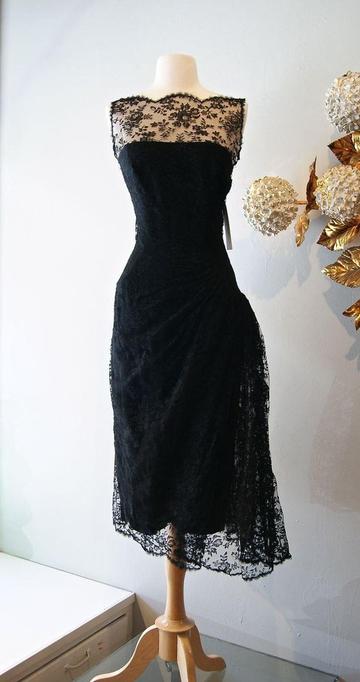 Vintage Cocktail Dresses Black Lace Prom Dress Sheer Bateau Neck Tea Length Evening Gowns    cg22796