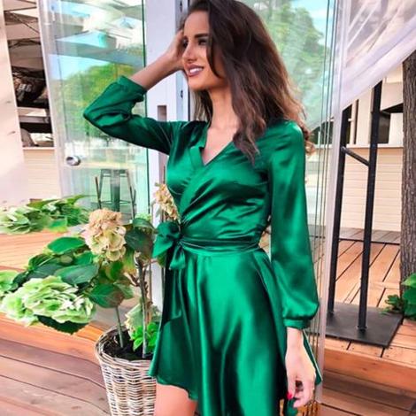 Sexy Green V Neck Satin Wrap Homecoming Dress        cg22820