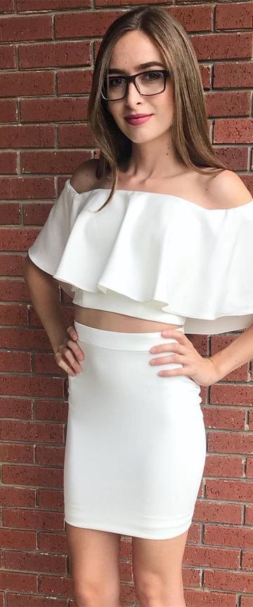 Sexy Two Piece Off The Shoulder Short White Tight Homecoming Dresses         cg22881