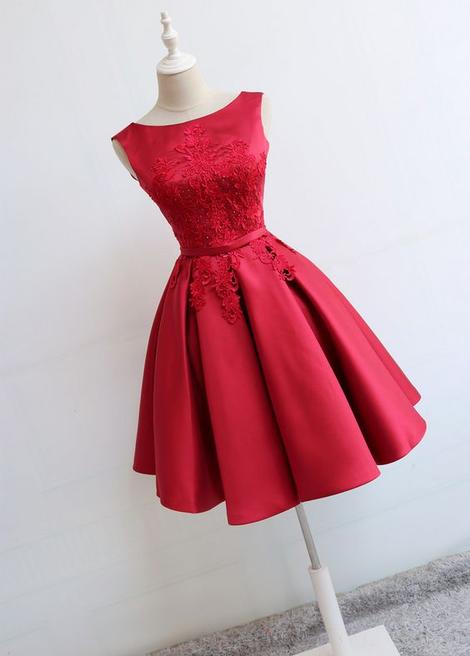 Red Round Neckline Short Satin Party Dresses, Red Formal Dresses, Short Homecoming Dress            cg22946