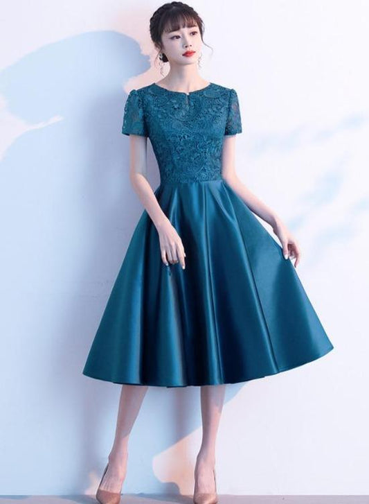 Teal Green Round Neckline Satin With Lace Wedding Party Dresses, Short homecoming Dresses       cg22964