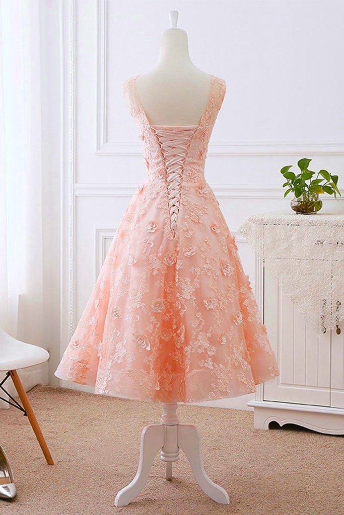 Pretty Pink Tea Length Flower Lace Wedding Party Drses, Pink Lace Formal Dress Homecoming Dress       cg22969