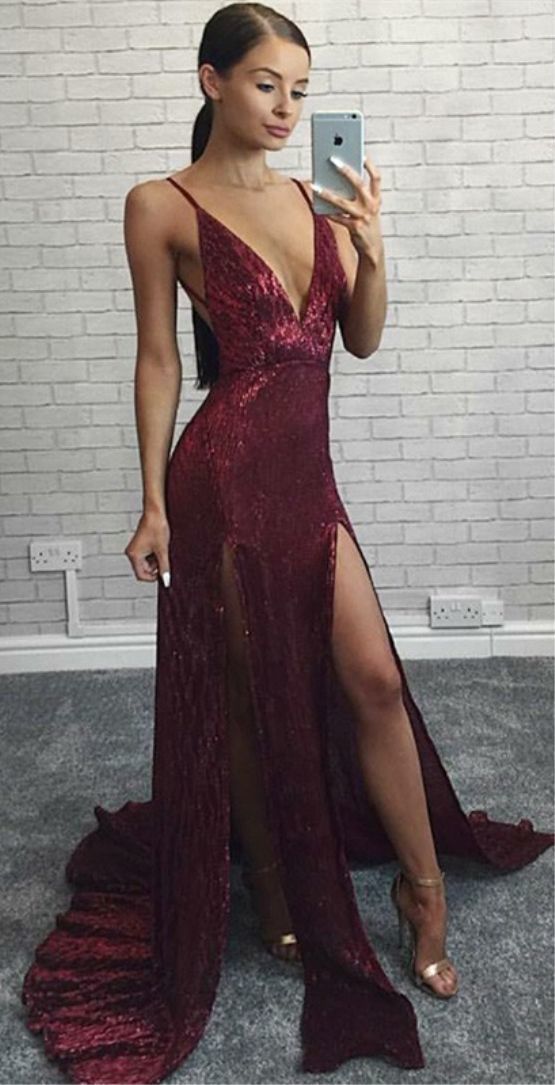 A-Line Spaghetti Straps Backless Sweep Train Burgundy Sequined Prom Dress cg2309