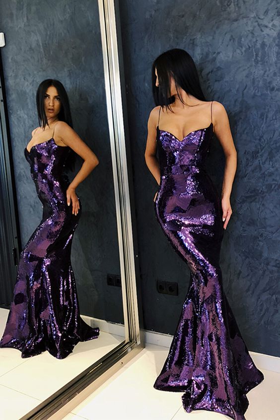 Purple Long Prom Dresses Spaghetti Straps Mermaid Evening Gowns cg2310