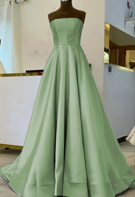Simple sage green satin bridesmaid dresses strapless floor length formal prom gown for bridal party   cg23114