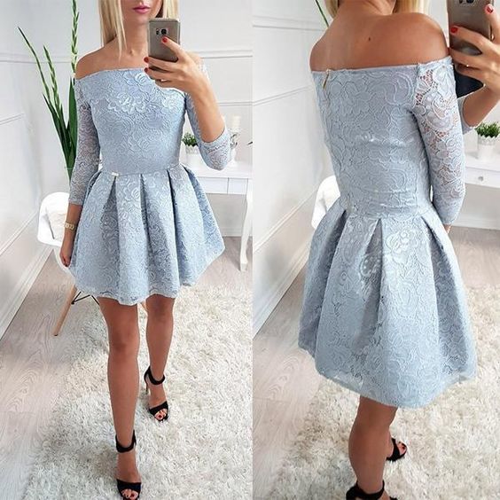 Light Blue Lace Off Shoulder Long Sleeve Simple Homecoming Dresses      cg23169