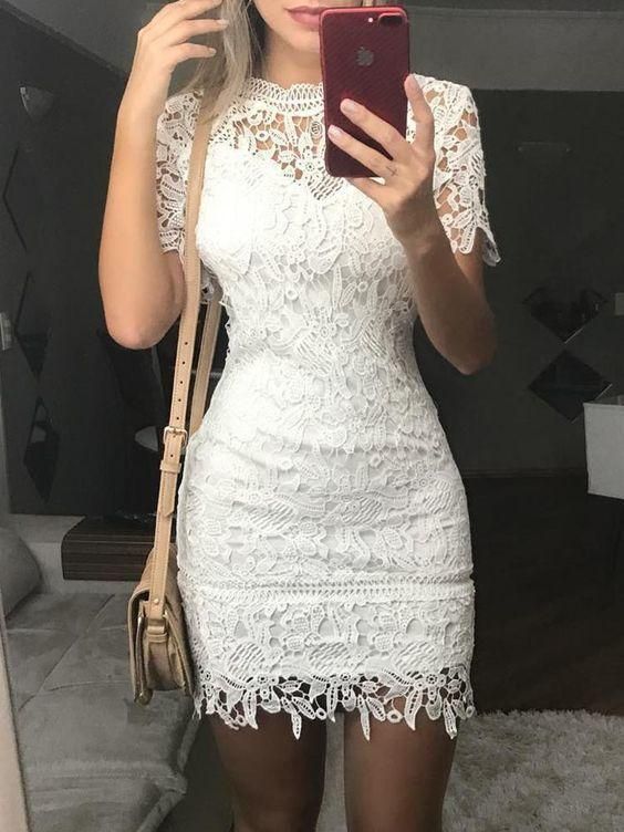 See Through Lace Crochet Bodycon Mini Dress Homecoming Dresses      cg23170