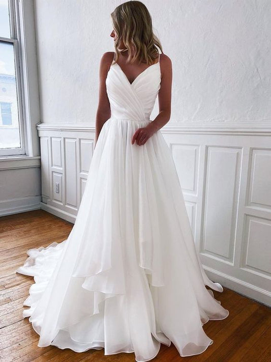A Line V Neck White Wedding Dresses, V Neck White Prom Formal Dresses       cg23187