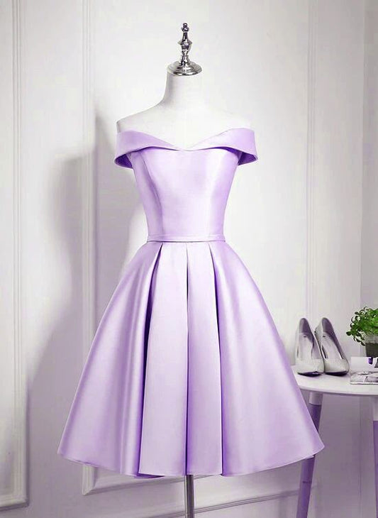 Charming Purple Satin Knee Length Homecoming Dress, Off Shoulder Bridesmaid Dress        cg23193