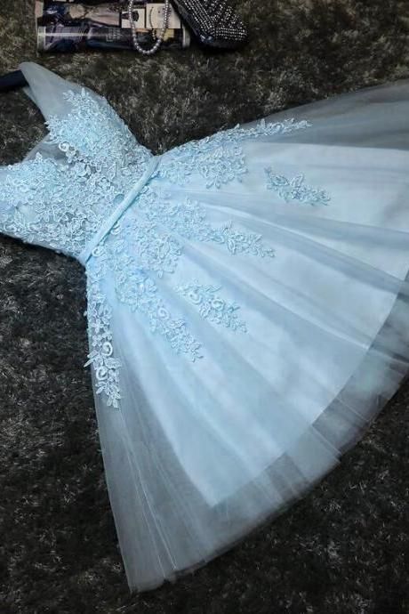 Lovely Blue Tulle V-neckline Short Party Dress, Tulle With Lace Homecoming Dress       cg23196