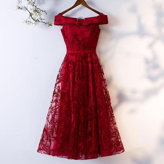 Dark Red Lace Off Shoulder Short Party Dress Formal Dress, Wine Red Homecoming Dresses       cg23215