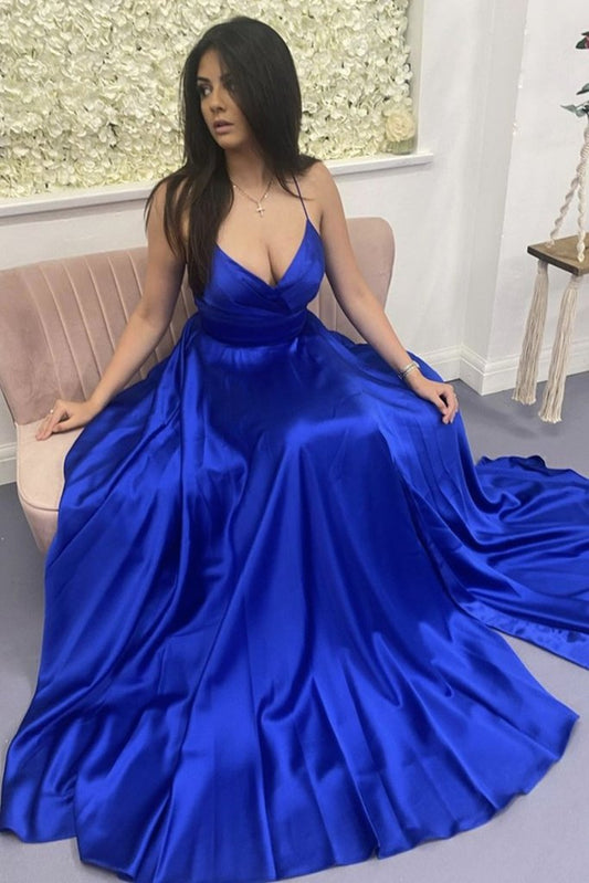 A Line V Neck Backless Royal Blue Satin Long Prom Dress           cg23264