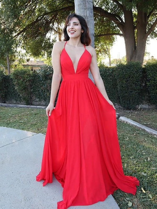 A Line V Neck Backless Red Long Prom Dresses, Open Back Red Formal Graduation Evening Dresses           cg23315